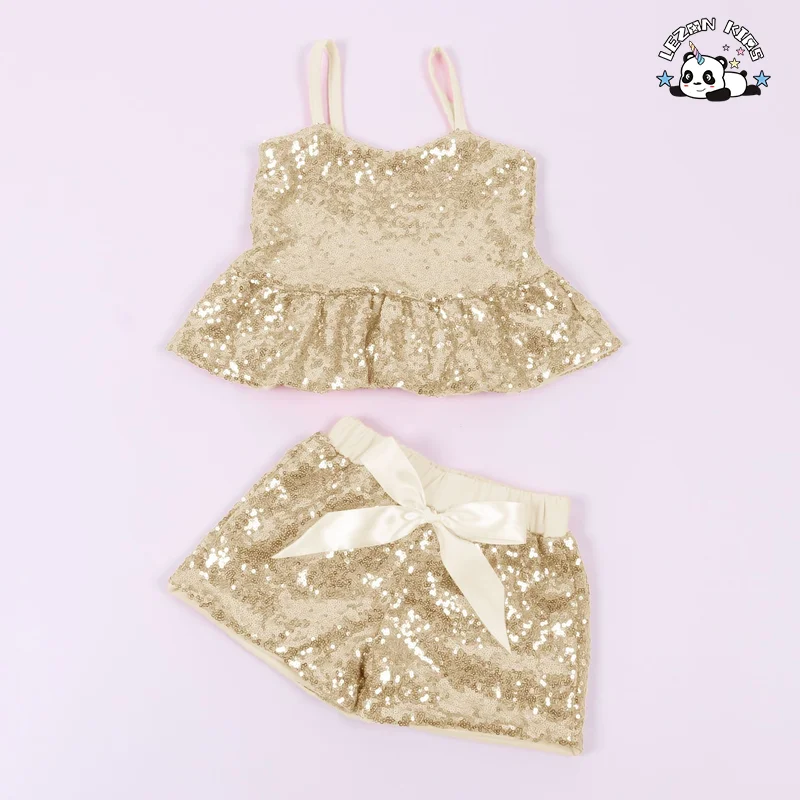 LEZONKIDS - Custom Logo Summer Girls Casual Cotton Suspender Vest Sequins Top Shorts Suit